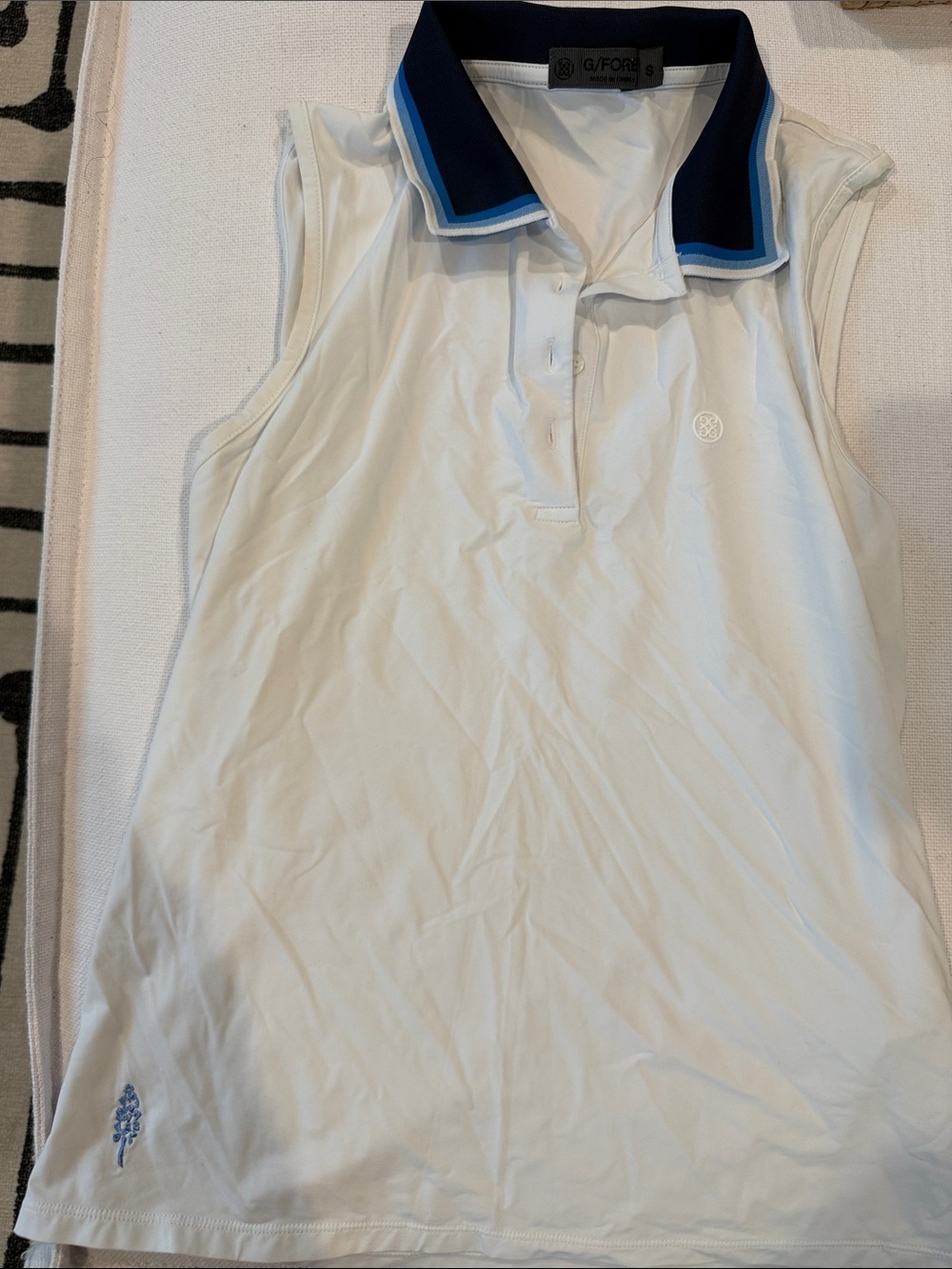 G/FORE White Sleeveless Polo with Navy and Light Blue Trim